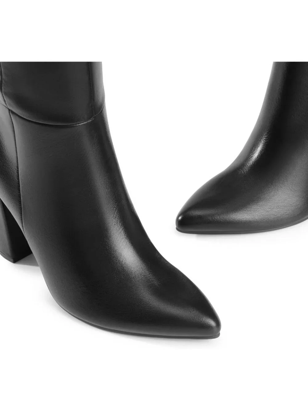 Women's Black Faux Leather Chunky Heel Pointed Toe Side Zipper Knee High Boots